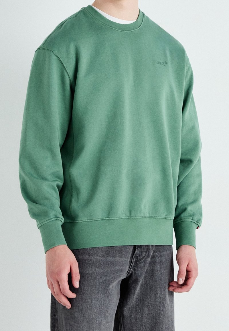 Sudadera verde de manga larga, con cuello redondo y puños acanalados. Hecha de una tela suave, presenta un pequeño logo en el pecho. Se lleva con jeans grises.