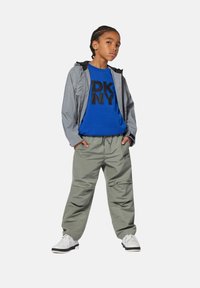 Graue leichte Jacke, blauer Sweatshirt mit "DKNY"-Logo, grüne Hose und weiße Sneaker. Geflochtenes Haar. Stehende Pose.