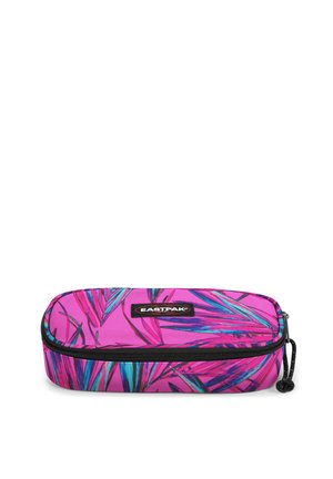 Trousse rose avec motif de feuilles de palmier en bleu et violet, fermeture zippée et logo Eastpak. Fabriquée en tissu résistant. Forme rectangulaire.