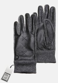 Juodos odinės pirštinės su pilkais mezginiais ant riešų, turinčios tekstūruotą odinę delną ir dekoratyvinę siuvinėjimą. Pridedamas etiketė su užrašu "Atsparios lietimui".