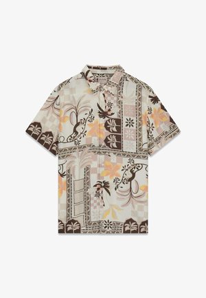 Kurzärmeliges Hemd zum Knöpfen mit beigen, braunen und pastellfarbenen Blumen- und geometrischen Mustern, ausgestattet mit einem klassischen Kragen und dem Guess-Brandlabel.