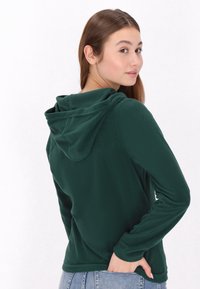 Felpa in pile verde con vestibilità rilassata, dotata di cappuccio regolabile, maniche lunghe e texture morbida. La vista posteriore mostra semplici dettagli di design.