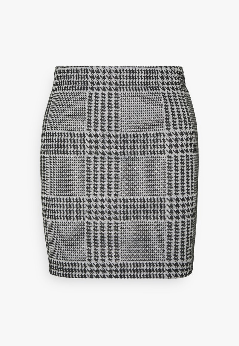 Mini-jupe en pied-de-poule noir et gris avec une taille cintrée et un ourlet droit, adaptée à une tenue décontractée ou formelle.