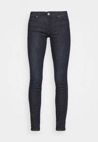 Mörkblå skinny jeans med en klassisk femfickedesign, bälteshällor och en metallknappstängning i midjan. Slät denimtextur.