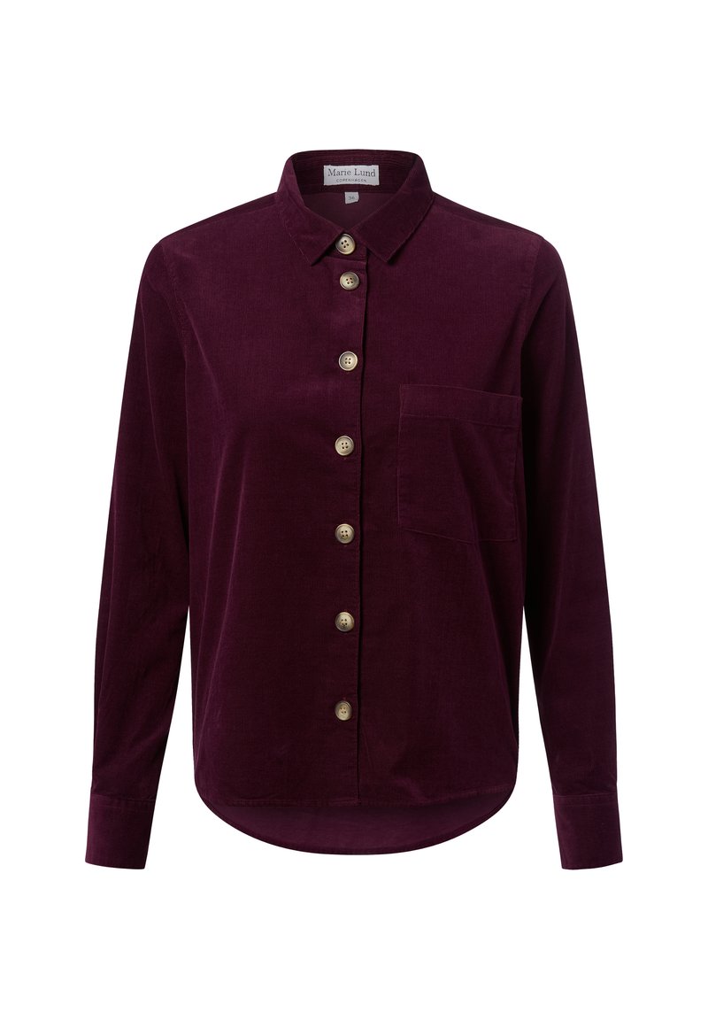 Bordowa koszula z kordurowego materiału z kołnierzykiem zapinanym na guzik, przednią kieszenią i ośmioma okrągłymi guzikami. Długie rękawy z detalami mankietów i zaokrąglonym dołem.