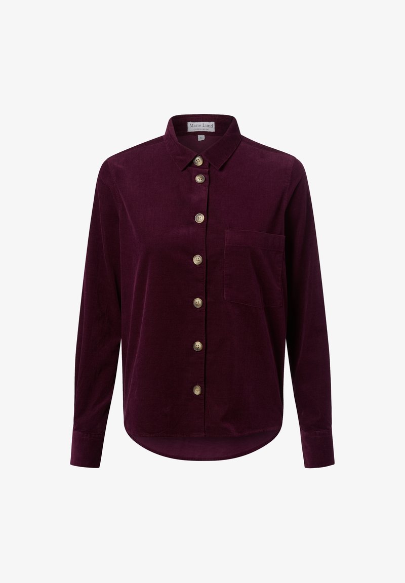 Bordowa koszula z kordurowego materiału z kołnierzykiem zapinanym na guzik, przednią kieszenią i ośmioma okrągłymi guzikami. Długie rękawy z detalami mankietów i zaokrąglonym dołem.