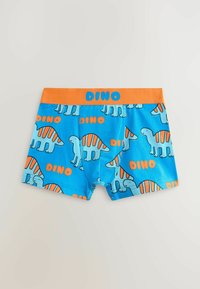 Caleçons pour enfants bleu vif avec ceinture orange, décorés de dinosaures à rayures orange et du mot « DINO » en orange.