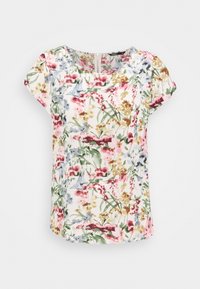 Short-sleeve blouse with round neck and floral print in pink, green, yellow, and gray on a white background.