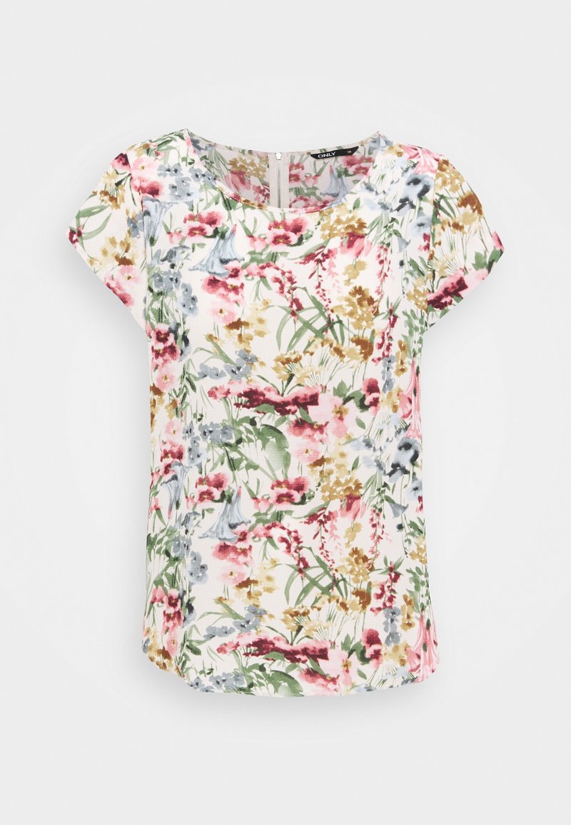 Short-sleeve blouse with round neck and floral print in pink, green, yellow, and gray on a white background.