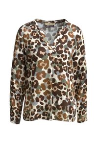 Langärmlige Bluse mit Leopardenmuster, V-Ausschnitt, beige, braune und grüne Muster auf einem hellen Hintergrund. Aus leichtem Stoff gefertigt.