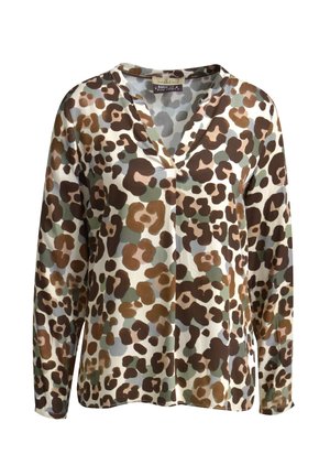 Langärmlige Bluse mit Leopardenmuster, V-Ausschnitt, beige, braune und grüne Muster auf einem hellen Hintergrund. Aus leichtem Stoff gefertigt.