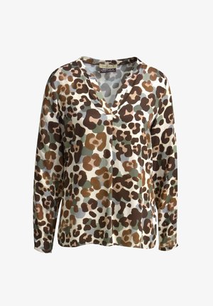 Long-sleeve leopard print blouse featuring a V-neck, beige, brown, and green patterns on a light background. Made of lightweight fabric.