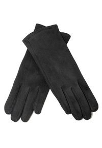 Schwarze Wildlederhandschuhe mit glatter Textur, die fünf separate Finger und ein elegantes Design aufweisen, ordentlich in einer gekreuzten Position angeordnet.