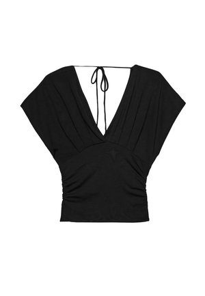 Schwarzes Oberteil mit tiefem V-Ausschnitt, kurzen, weiten Ärmeln und gerafftem Textil in der Taille mit einer Bindeschließe hinten. Aus weichem Stoff.