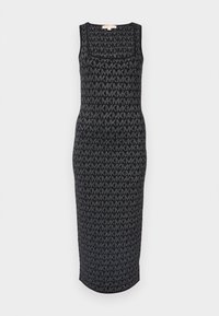 Čierne šaty bez rukávov s pleteným dizajnom a opakujúcim sa vzorom loga, priliehavým strihom a stredne dlhým lemom.