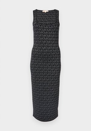 Ärmelloses schwarzes Kleid mit Strickdesign und wiederholtem Logomuster, figurbetonter Silhouette und midilanger Saumlinie.