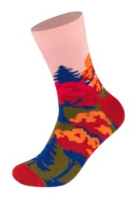 Skarpetka w wielu kolorach z różowym mankietem, ozdobiona żywymi kwiatowymi i drzewnymi wzorami w niebieskim, czerwonym, pomarańczowym i oliwkowym zielonym. Wykonana z teksturowanej dzianiny.