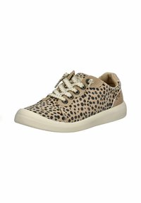 Sneakers beige con pois neri, tomaia in tessuto testurizzato, lacci beige e suola in gomma. Presenta un logo laterale e accenti cuciti.