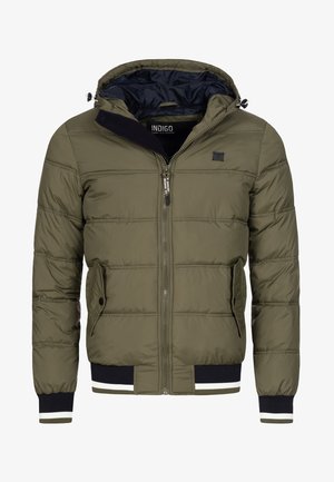 Padded jacket in olive green, featuring a hood, front zipper, side pockets, and ribbed cuffs with white and black stripes.