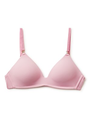 Reggiseno wireless rosa chiaro con spalline regolabili e coppe lisce sagomate su sfondo bianco.