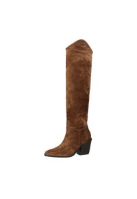 Braune Wildlederstiefel über dem Knie mit spitzem Zeh und kräftigem Absatz. Sie haben eine glatte Textur und minimalen Nähdetails.