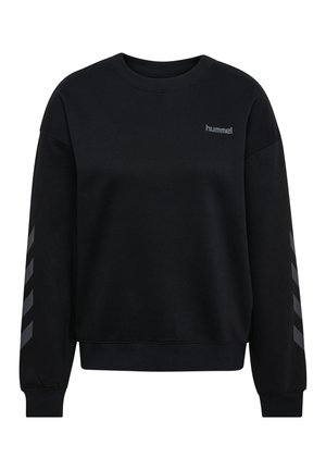 Sort crewneck-sweatshirt med ribkanter ved ærmeender og bund, med mørke chevron-striber på ærmerne og lille "hummel"-logo på brystet.