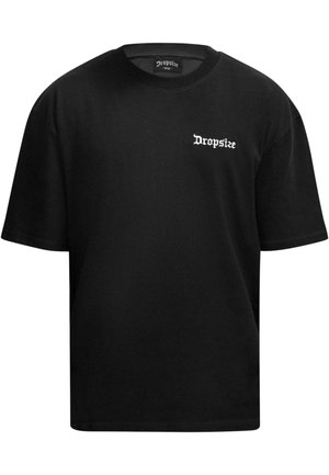 Black cotton t-shirt featuring short sleeves, a crew neck, and white "Dropsize" text in a stylized font on the left chest area.