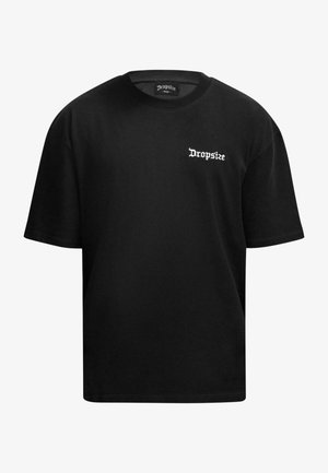 T-shirt en coton noir avec des manches courtes, un col rond, et du texte "Dropsize" en blanc dans une police stylisée sur la partie gauche de la poitrine.