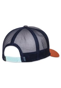 Navy mesh cap featuring a gray top, orange bill, and a light blue adjustable strap at the back. Ideal for breathable comfort.