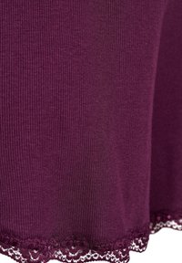 Purple ribbed fabric with lace trim at the hem. The texture is soft and the design features a scalloped lace pattern.