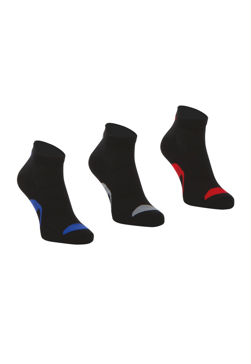 Chaussettes de sport noires avec des accents de couleur en bleu, gris et rouge. Hauteur mi-mollet et design texturé pour un meilleur maintien et un confort accru.