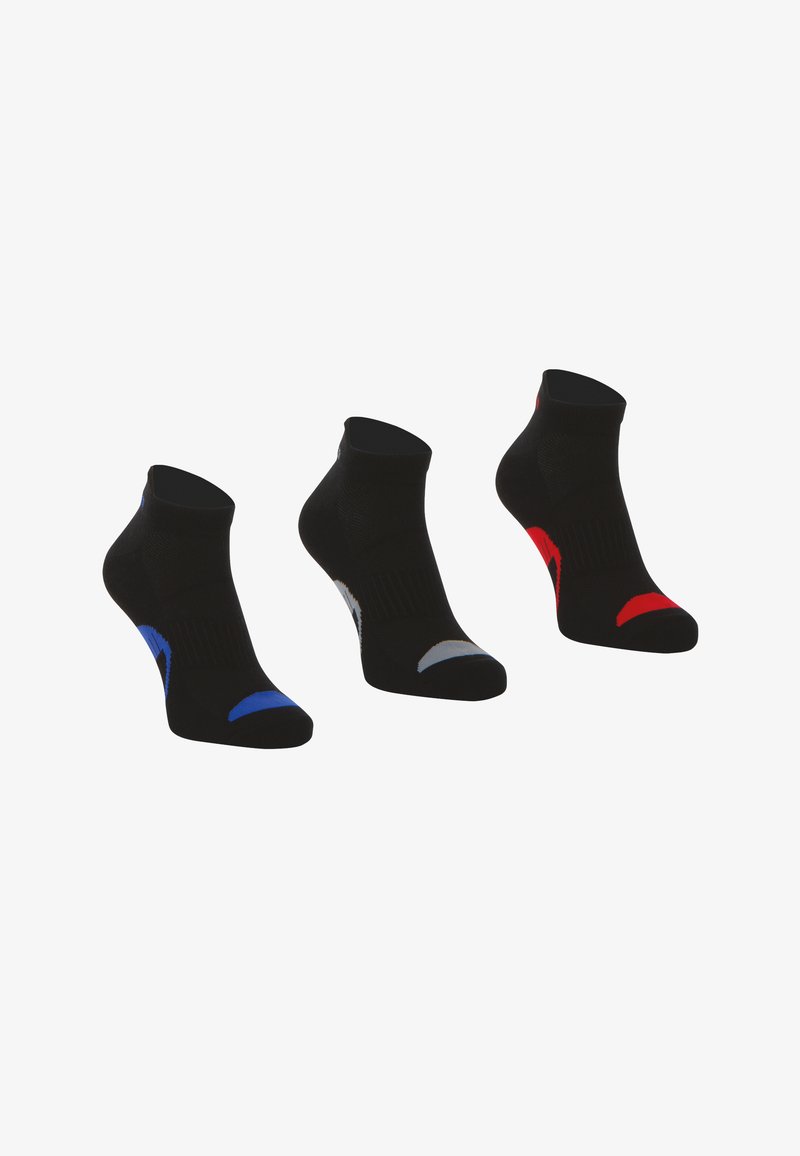 Chaussettes de sport noires avec des accents de couleur en bleu, gris et rouge. Hauteur mi-mollet et design texturé pour un meilleur maintien et un confort accru.
