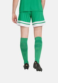 Grünes Sportshirt und Shorts mit weißen und grünen Streifen. Lange grüne Socken mit strukturierten Mustern und schwarze Fußballschuhe mit goldenen Akzenten.