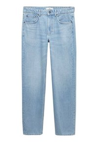 Los pantalones vaqueros de denim azul claro presentan un corte recto, cinco bolsillos, cierre de botón y un ligero desgastado en todo el material.
