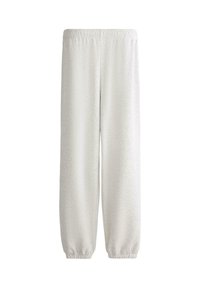 Hellgraue Jogginghose mit elastischem Bund und Bündchen, gerader lockerer Schnitt, keine sichtbaren Taschen oder Logos, schlichtes Design.