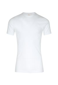 T-shirt blanc à manches courtes en coton doux. Présente un col rond classique et une coupe ajustée pour le confort et la polyvalence.