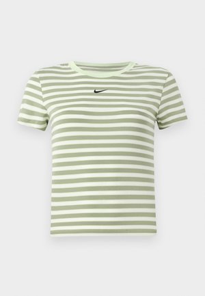 Green and white striped t-shirt, short sleeves, round neckline, featuring a small black Nike logo at the chest. Soft cotton material.
