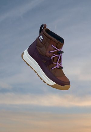 Botte d'hiver marron et violette avec des lacets roses et une semelle blanche flottant sur un fond de ciel nuageux.
