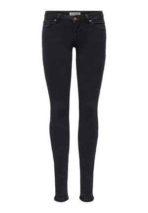 Slanke sorte jeans lavet af denim med en glat tekstur, udstyret med en knaplukning, klassisk fem-lomme design og subtile syninger.