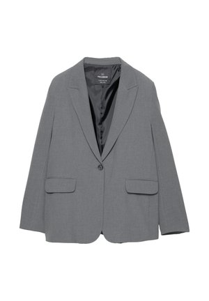 Blazer grigio con rever a punta, chiusura a un bottone, due tasche frontali e foderato liscio. Design sartoriale con una forma strutturata.