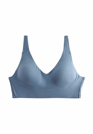 Lichtblauwe bralette van zachte stof, met een diepe V-halslijn, brede bandjes en zonder beugel voor naadloos comfort.