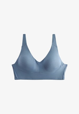 Bralette azzurro chiaro realizzato in tessuto morbido, con scollatura a V profonda, spalline larghe e senza ferretto per un comfort senza cuciture.