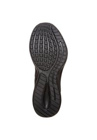 Semelle de chaussure en caoutchouc noir avec rainures texturées et motifs ondulés ; présente une combinaison de sections en relief et en creux pour une meilleure adhérence.