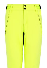Neon gele broek met slim fit, voorzien van twee voorzakken met rits, dubbele knoopsluiting en zwarte accentstiksels op de taille.