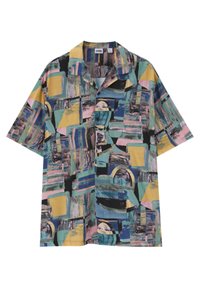 Chemise à manches courtes boutonnée avec motif géométrique abstrait en jaune, bleu, vert, rose et noir.