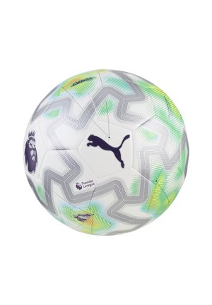 Pallone da calcio bianco Puma con motivi grigi, verdi e gialli, con loghi Premier League e Puma.