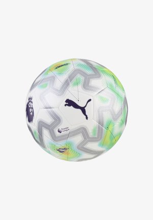 Pallone da calcio bianco Puma con motivi grigi, verdi e gialli, con loghi Premier League e Puma.