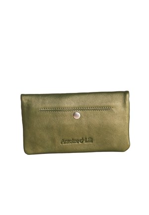 Olive green leather wallet with a silver snap button and "Antoine & Lili" embossed logo on the front.