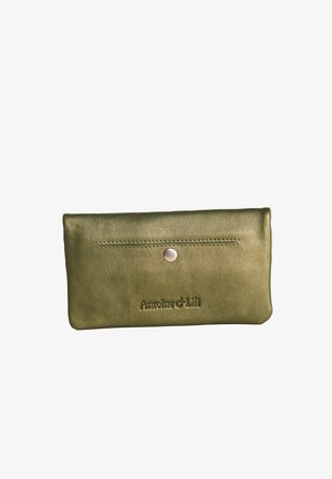 Olive green leather wallet with a silver snap button and "Antoine & Lili" embossed logo on the front.