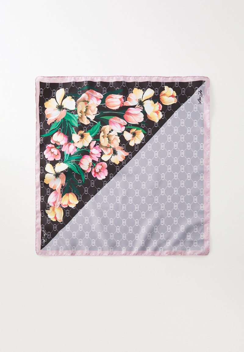 Foulard in seta con stampe floreali in rosa e crema su uno sfondo nero, con una sezione grigia decorata e un bordo rosa.